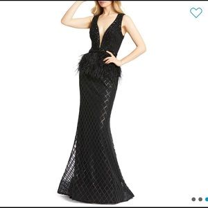 Mac Duggal plunging feather peplum mermaid dress 4
